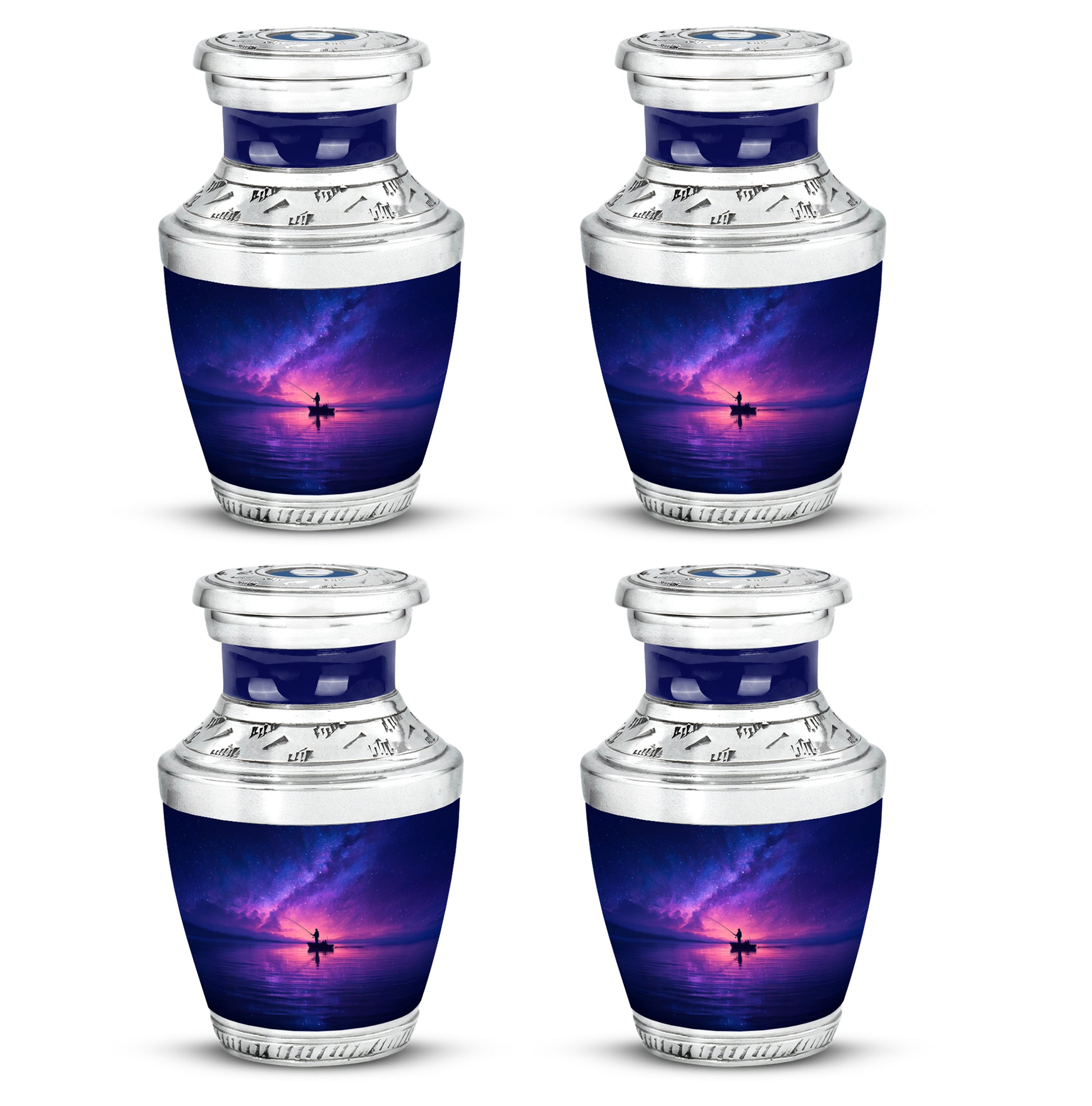 Soft Blue Fishing Cremation Urn back view with polished surface - stylized abstract fishing pattern with bold lines - 10 inch aluminum urn for cremated remains