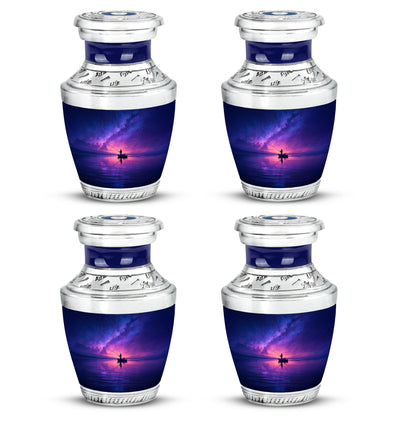 Soft Blue Fishing Cremation Urn back view with polished surface - stylized abstract fishing pattern with bold lines - 10 inch aluminum urn for cremated remains
