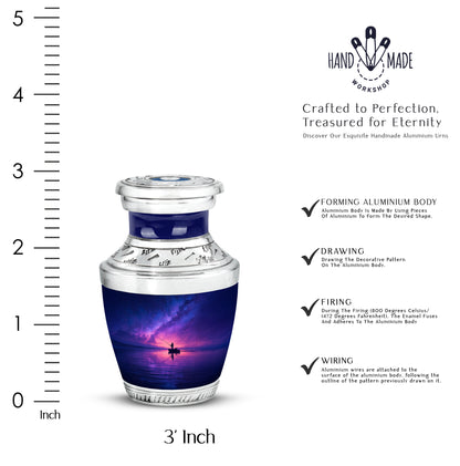 Navy Blue Fishing Cremation Urn top-down view of secure threaded lid - modern art-inspired fishing motif on sleek aluminum - mini keepsake memorial for portion of cremation ashes
