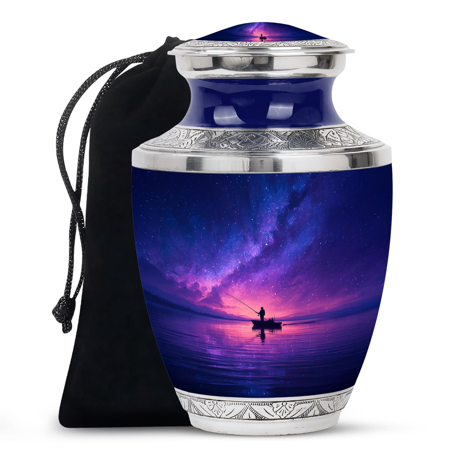 Cornflower Blue Fishing Cremation Urn side profile showing urn shape - artistic fishing interpretation with creative detail - full-size 10 inch 200 cubic inch adult cremation urn
