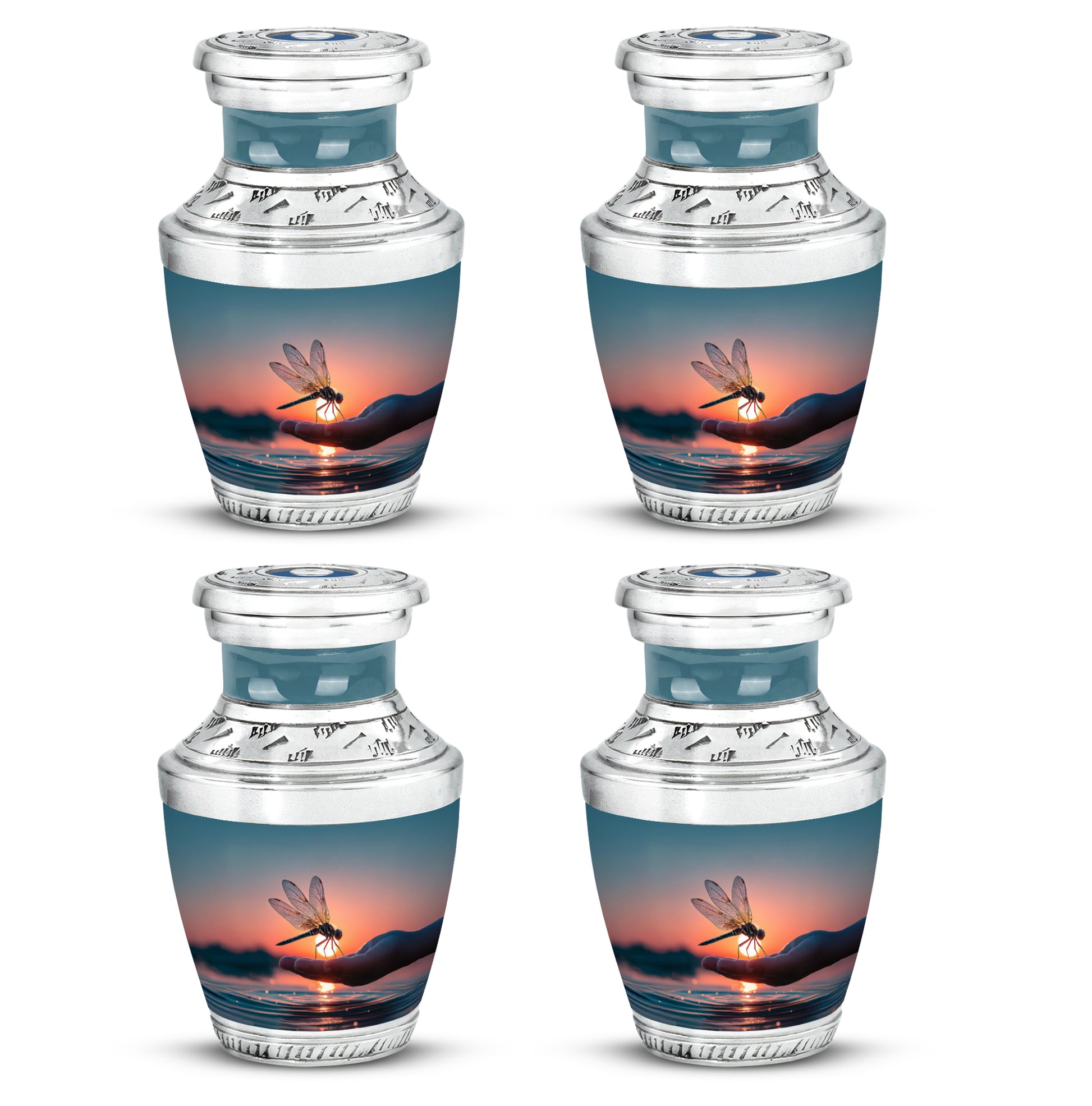 Sky Blue Dragonfly Cremation Urn back view with polished surface - contemporary dragonfly design with modern artistic flair - 10 inch aluminum urn for cremated remains