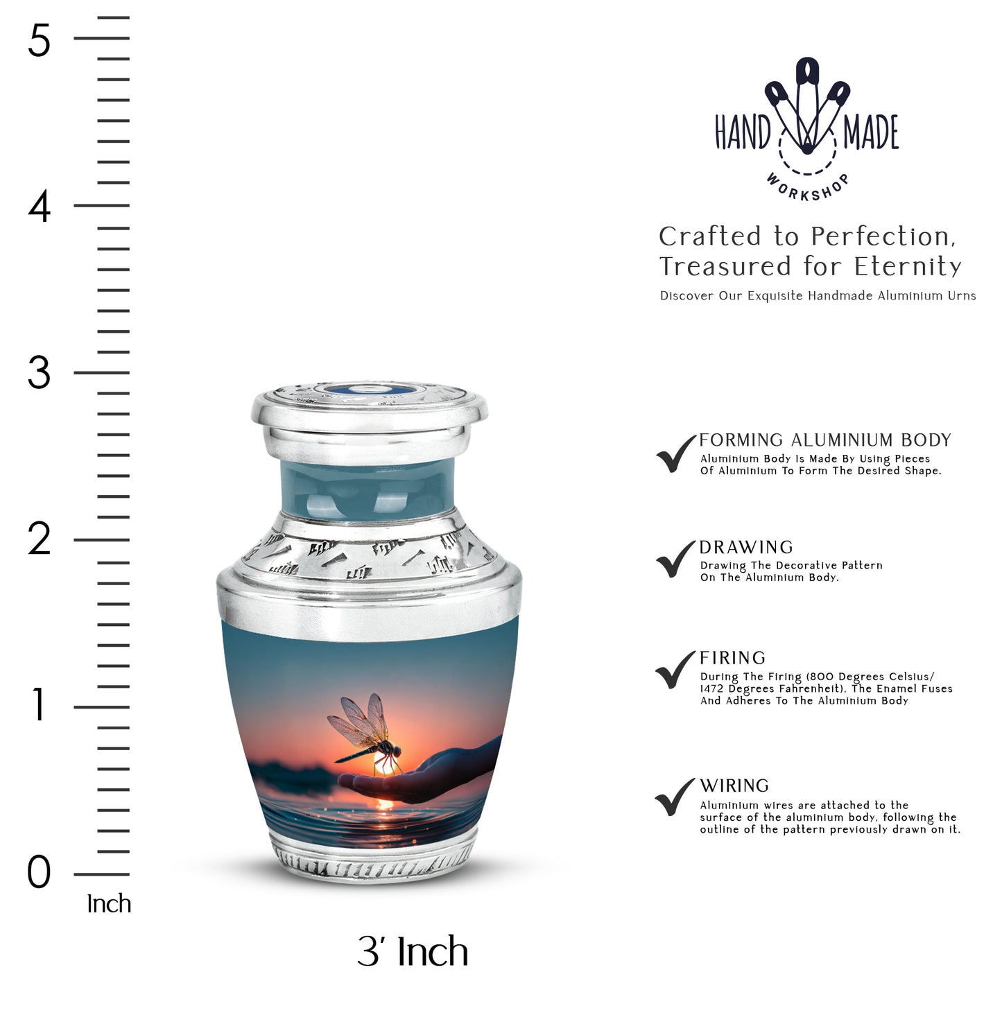 Icy Blue Dragonfly Cremation Urn top-down view of secure threaded lid - contemporary dragonfly design with modern artistic flair - mini keepsake memorial for portion of cremation ashes