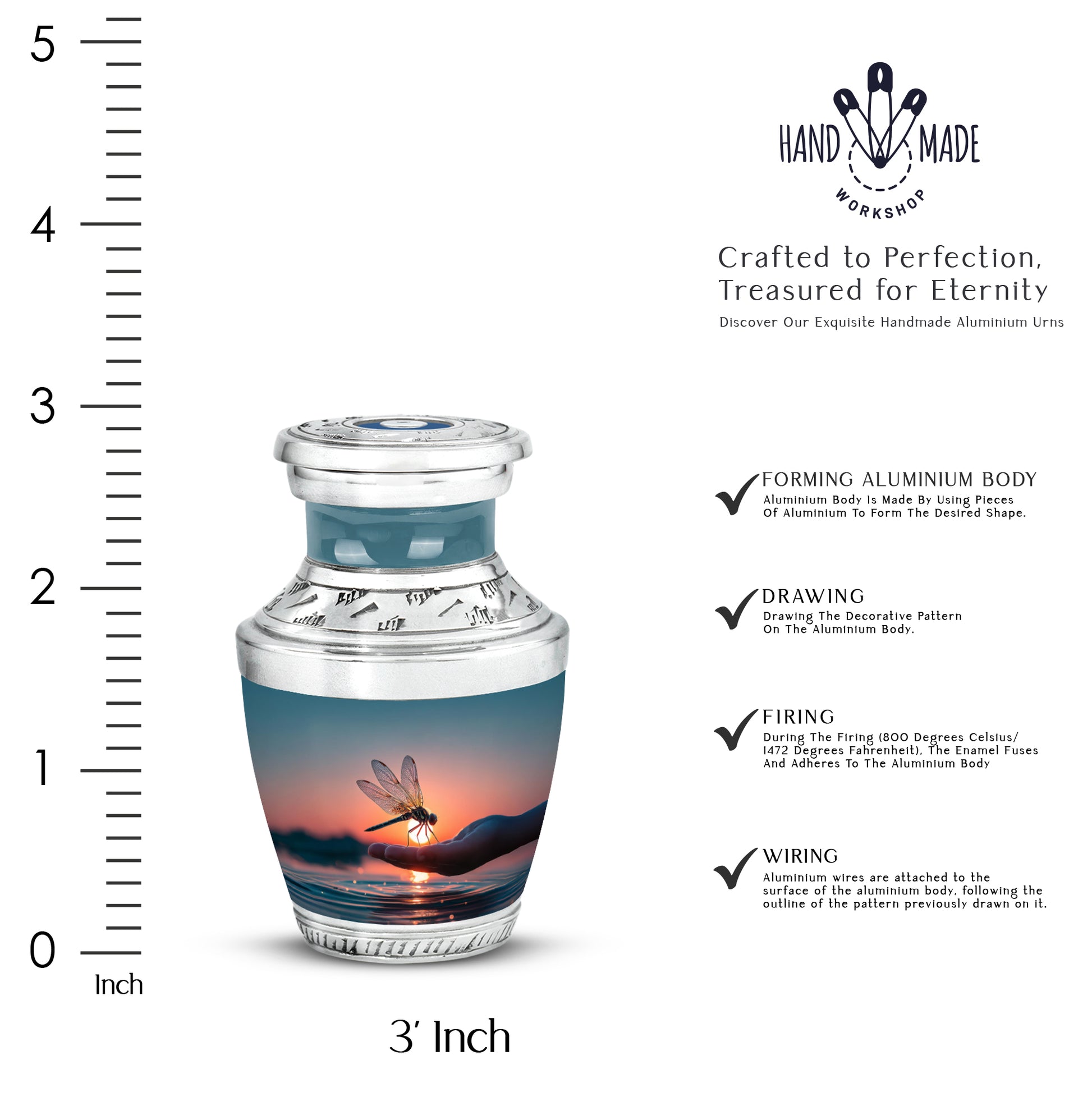 Icy Blue Dragonfly Cremation Urn top-down view of secure threaded lid - contemporary dragonfly design with modern artistic flair - mini keepsake memorial for portion of cremation ashes