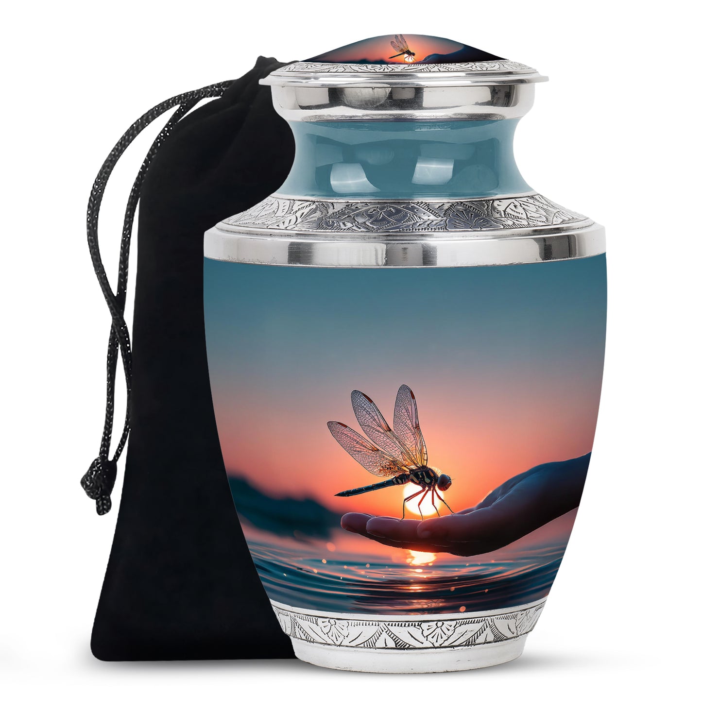 Soft Blue Dragonfly Cremation Urn side profile showing urn shape - artistic dragonfly interpretation with creative detail - full-size 10 inch 200 cubic inch adult cremation urn