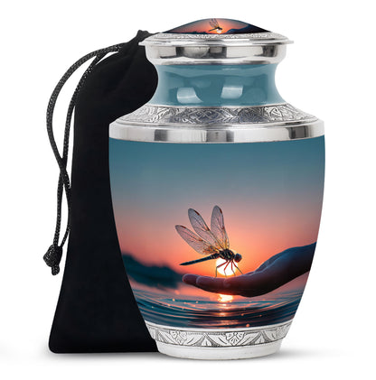 Soft Blue Dragonfly Cremation Urn side profile showing urn shape - artistic dragonfly interpretation with creative detail - full-size 10 inch 200 cubic inch adult cremation urn