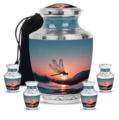 Cornflower Blue Dragonfly Cremation Urn lifestyle display on memorial shelf - artistic dragonfly interpretation with creative detail - memorial set with one large and four small urns