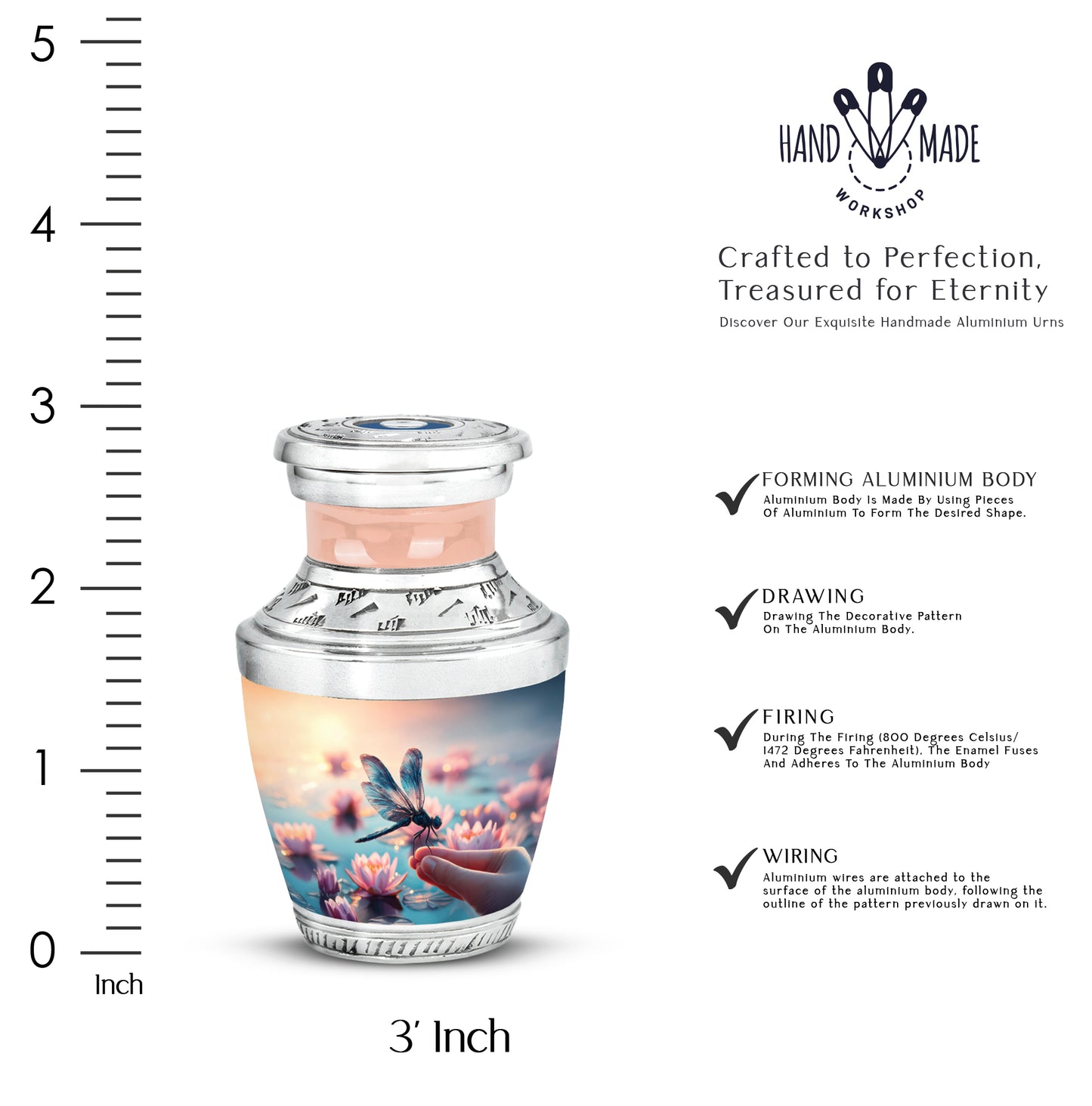 Warm Gold Dragonfly Cremation Urn top-down view of secure threaded lid - artistic dragonfly interpretation with creative detail - mini keepsake memorial for portion of cremation ashes