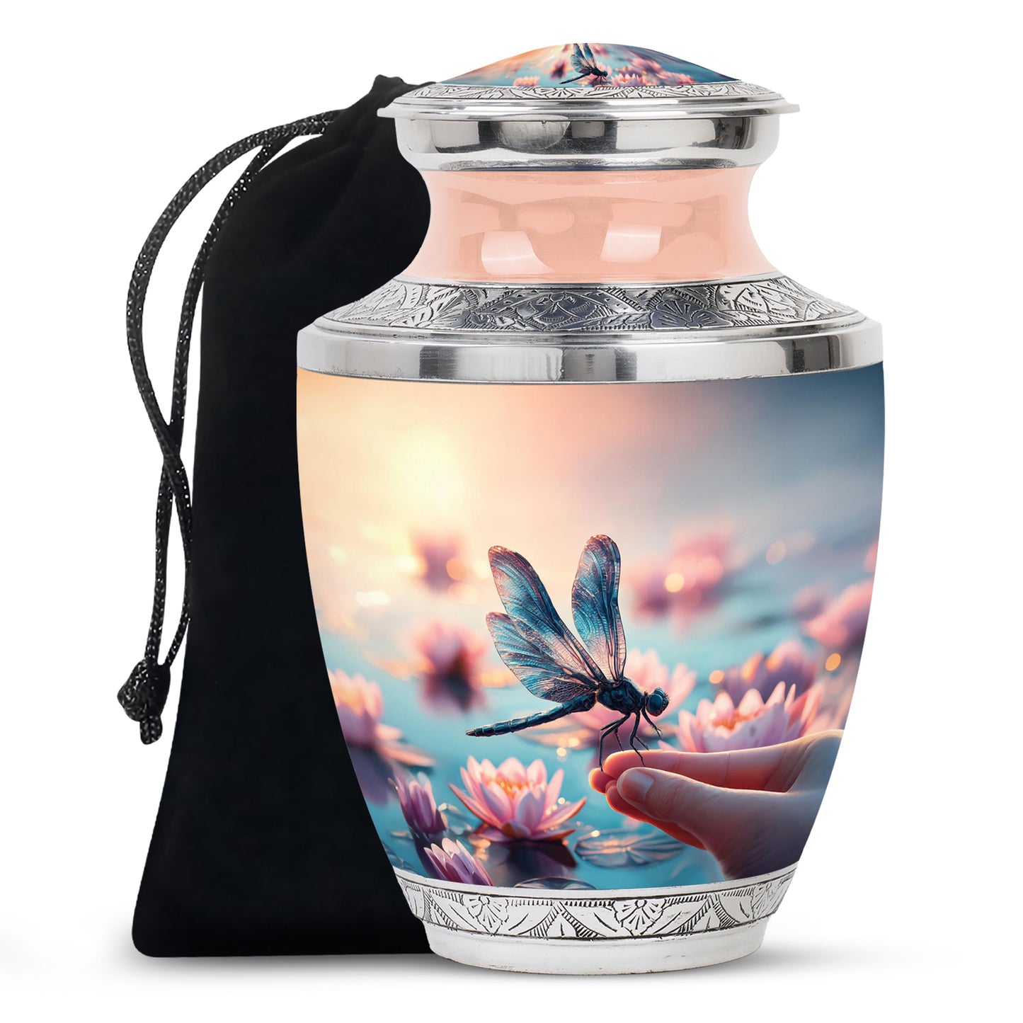 Champagne Gold Dragonfly Cremation Urn side profile showing urn shape - contemporary dragonfly design with modern artistic flair - full-size 10 inch 200 cubic inch adult cremation urn