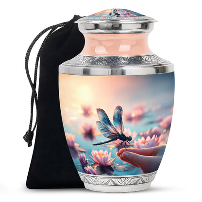 Champagne Gold Dragonfly Cremation Urn side profile showing urn shape - contemporary dragonfly design with modern artistic flair - full-size 10 inch 200 cubic inch adult cremation urn