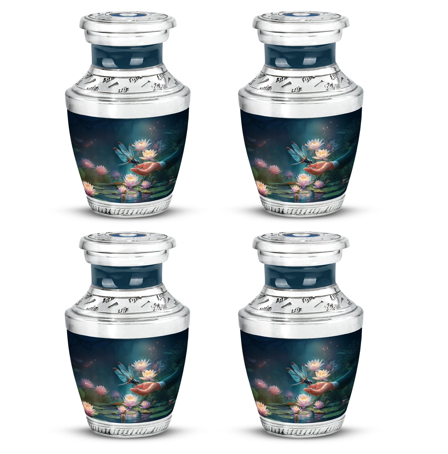 Cornflower Blue Dragonfly Cremation Urn back view with polished surface - stylized abstract dragonfly pattern with bold lines - 10 inch aluminum urn for cremated remains