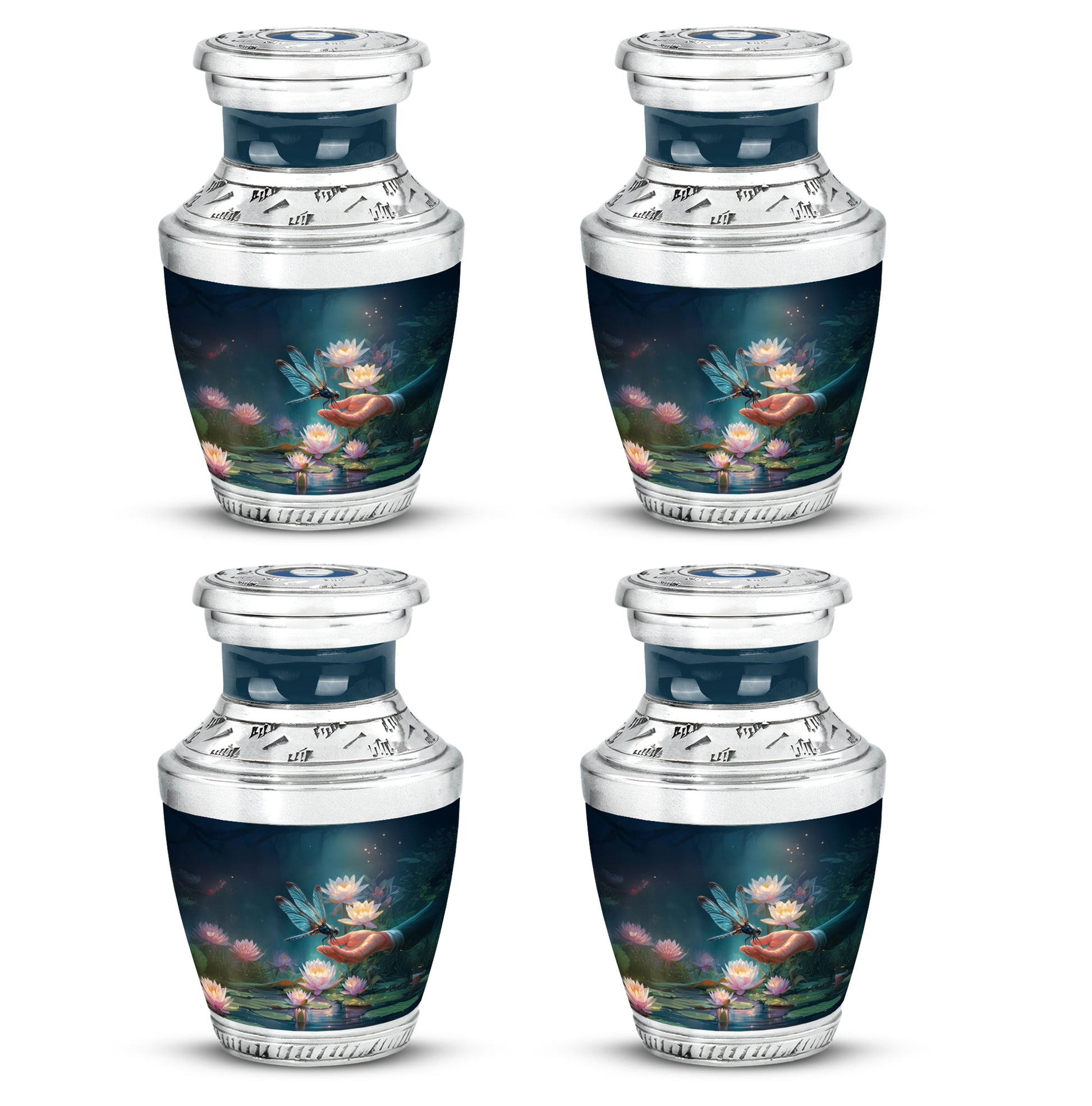 Cornflower Blue Dragonfly Cremation Urn back view with polished surface - stylized abstract dragonfly pattern with bold lines - 10 inch aluminum urn for cremated remains