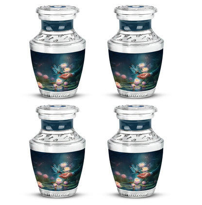 Cornflower Blue Dragonfly Cremation Urn back view with polished surface - stylized abstract dragonfly pattern with bold lines - 10 inch aluminum urn for cremated remains