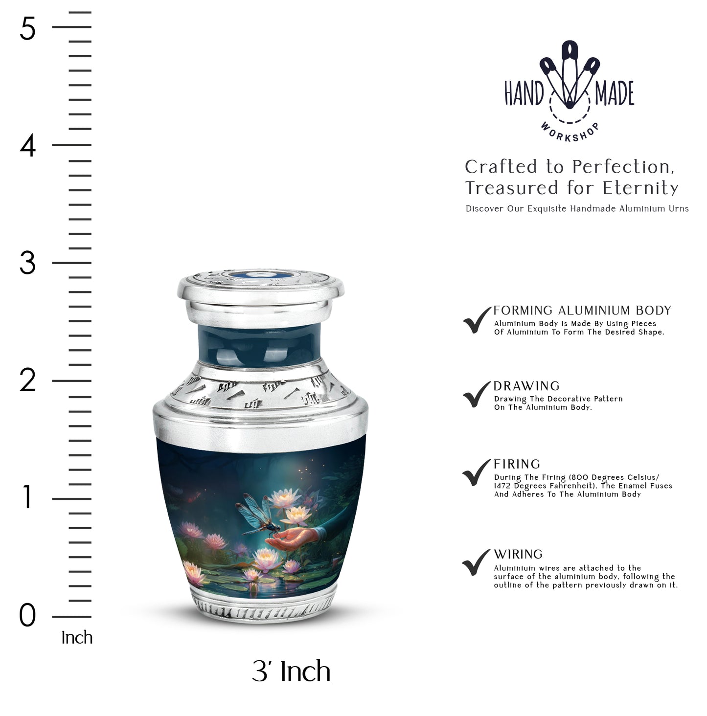 Indigo Dragonfly Cremation Urn top-down view of secure threaded lid - modern art-inspired dragonfly motif on sleek aluminum - mini keepsake memorial for portion of cremation ashes