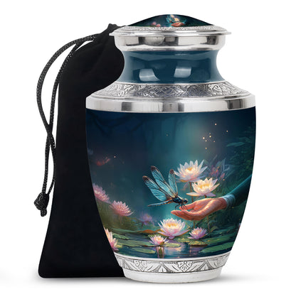Pastel Blue Dragonfly Cremation Urn side profile showing urn shape - contemporary dragonfly design with modern artistic flair - full-size 10 inch 200 cubic inch adult cremation urn