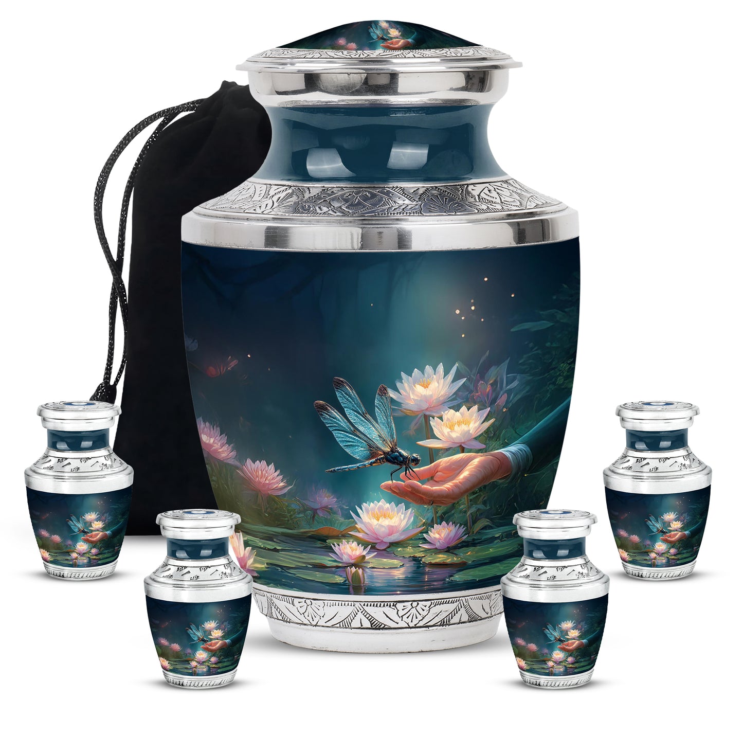 Azure Dragonfly Cremation Urn lifestyle display on memorial shelf - contemporary dragonfly design with modern artistic flair - memorial set with one large and four small urns