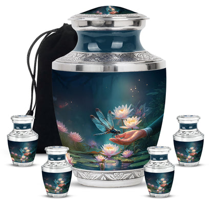Azure Dragonfly Cremation Urn lifestyle display on memorial shelf - contemporary dragonfly design with modern artistic flair - memorial set with one large and four small urns