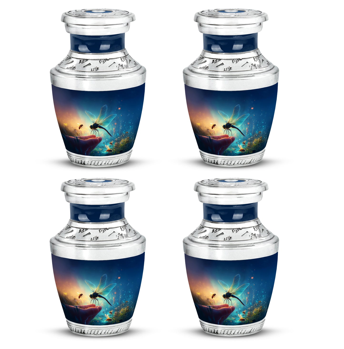 Twilight Blue Dragonfly Cremation Urn back view with polished surface - stylized abstract dragonfly pattern with bold lines - 10 inch aluminum urn for cremated remains