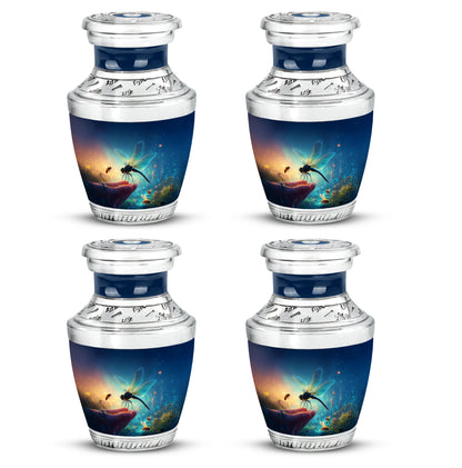 Twilight Blue Dragonfly Cremation Urn back view with polished surface - stylized abstract dragonfly pattern with bold lines - 10 inch aluminum urn for cremated remains