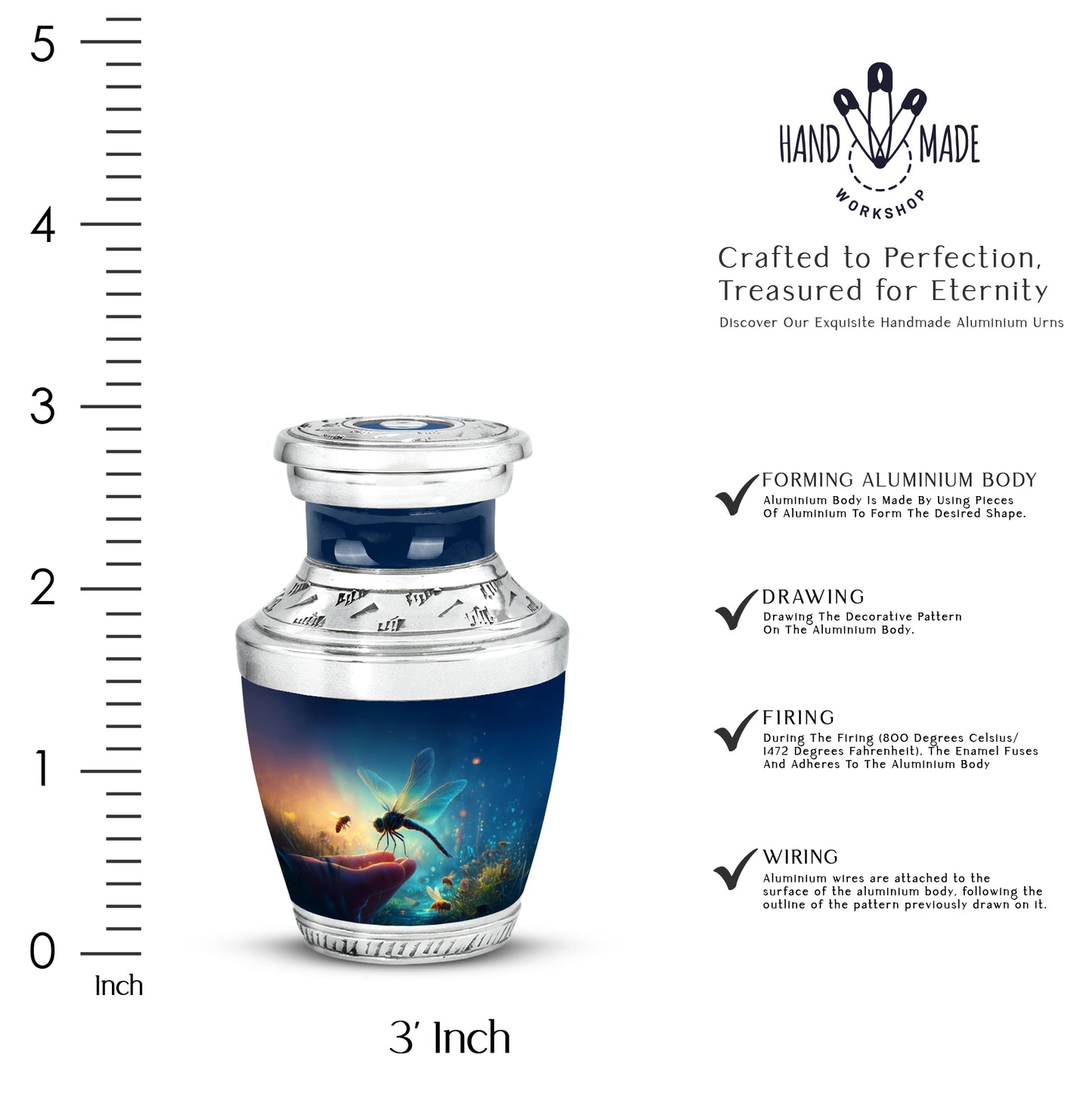 Calming Blue Dragonfly Cremation Urn top-down view of secure threaded lid - artistic dragonfly interpretation with creative detail - mini keepsake memorial for portion of cremation ashes