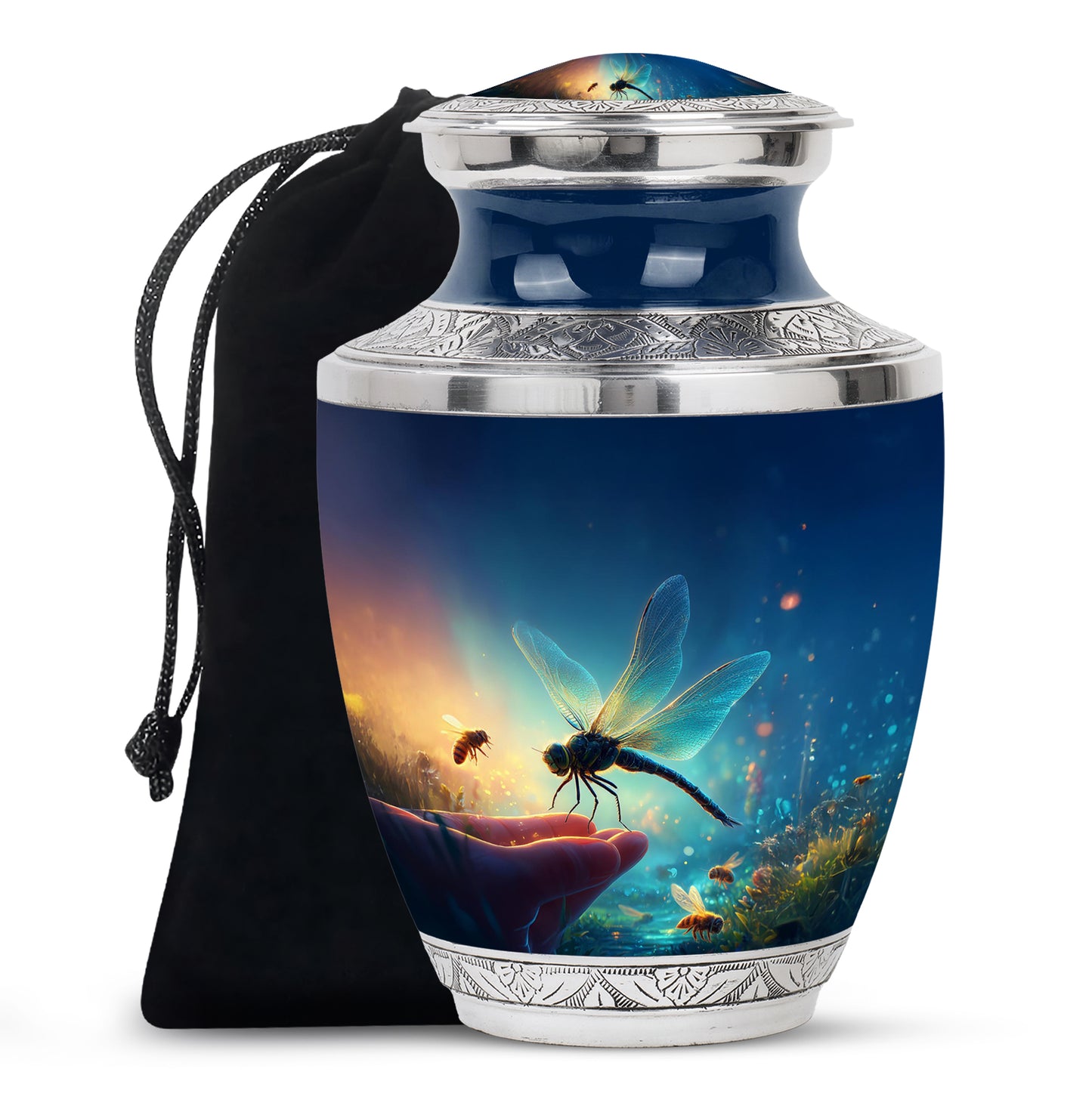 Twilight Blue Dragonfly Cremation Urn side profile showing urn shape - stylized abstract dragonfly pattern with bold lines - full-size 10 inch 200 cubic inch adult cremation urn