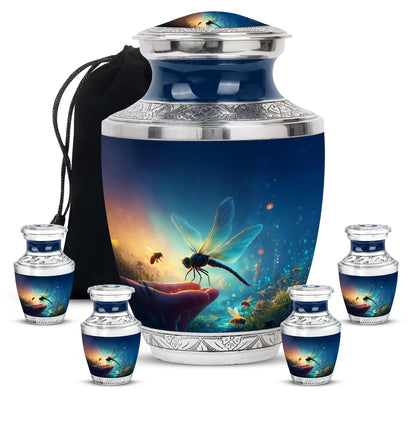Azure Dragonfly Cremation Urn lifestyle display on memorial shelf - contemporary dragonfly design with modern artistic flair - memorial set with one large and four small urns