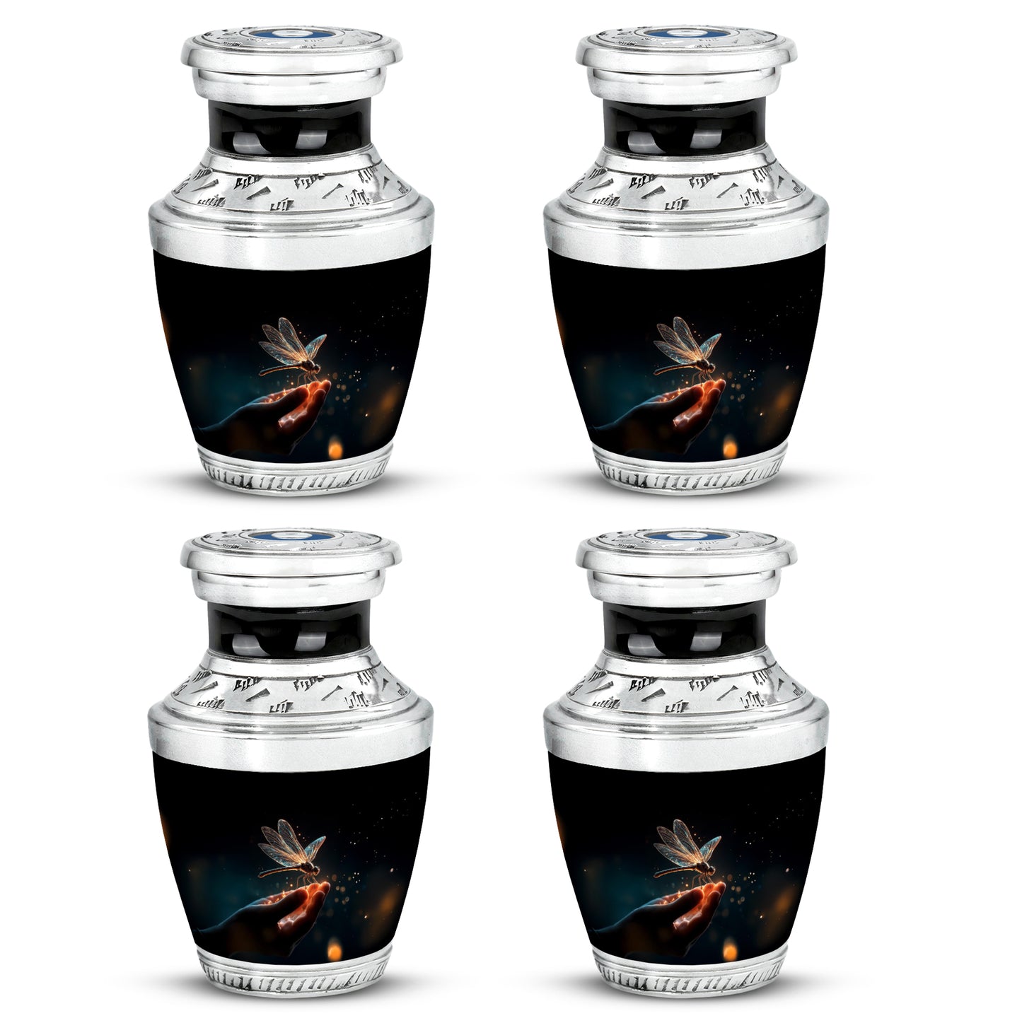 Onyx Black Dragonfly Cremation Urn back view with polished surface - stylized abstract dragonfly pattern with bold lines - 10 inch aluminum urn for cremated remains