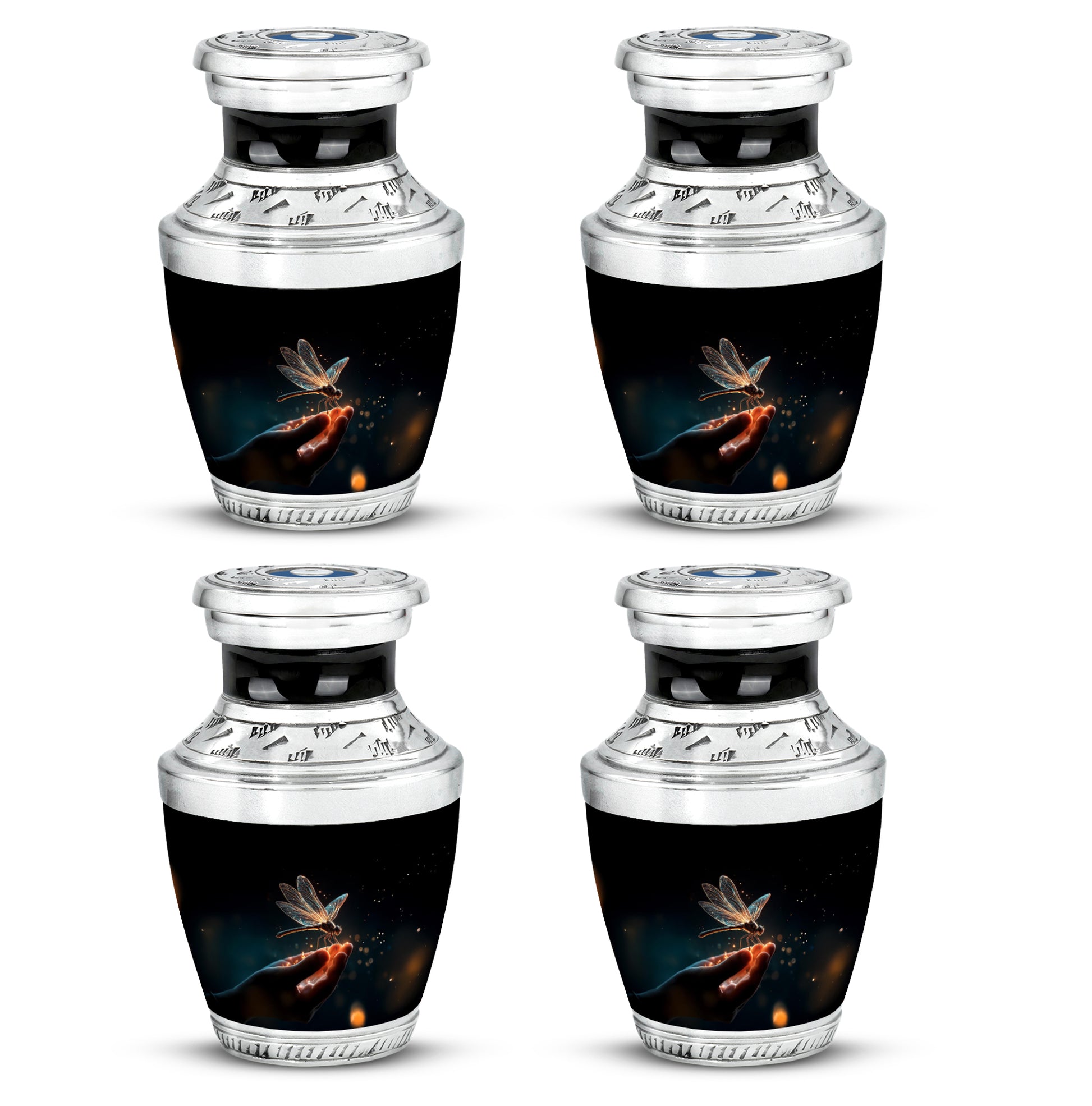 Onyx Black Dragonfly Cremation Urn back view with polished surface - stylized abstract dragonfly pattern with bold lines - 10 inch aluminum urn for cremated remains