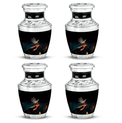 Onyx Black Dragonfly Cremation Urn back view with polished surface - stylized abstract dragonfly pattern with bold lines - 10 inch aluminum urn for cremated remains