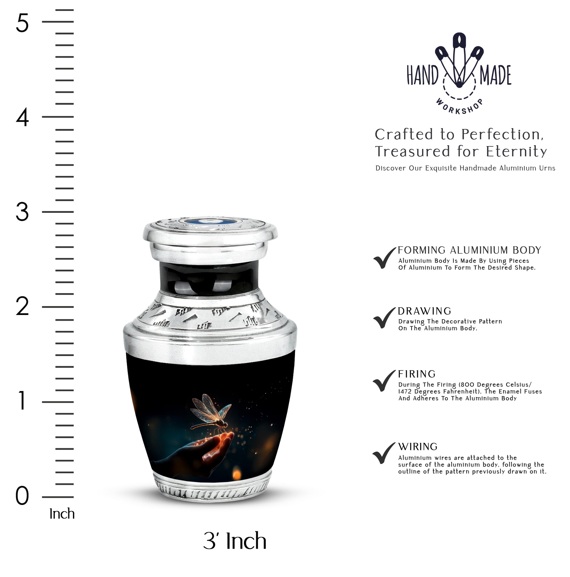 Dark Black Dragonfly Cremation Urn top-down view of secure threaded lid - stylized abstract dragonfly pattern with bold lines - mini keepsake memorial for portion of cremation ashes