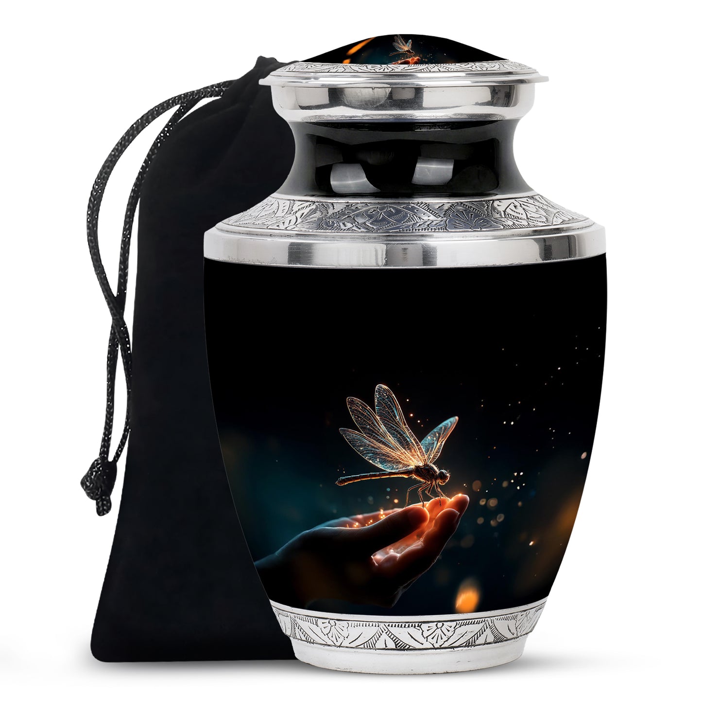 Dark Black Dragonfly Cremation Urn side profile showing urn shape - artistic dragonfly interpretation with creative detail - full-size 10 inch 200 cubic inch adult cremation urn