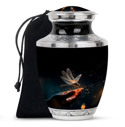 Dark Black Dragonfly Cremation Urn side profile showing urn shape - artistic dragonfly interpretation with creative detail - full-size 10 inch 200 cubic inch adult cremation urn