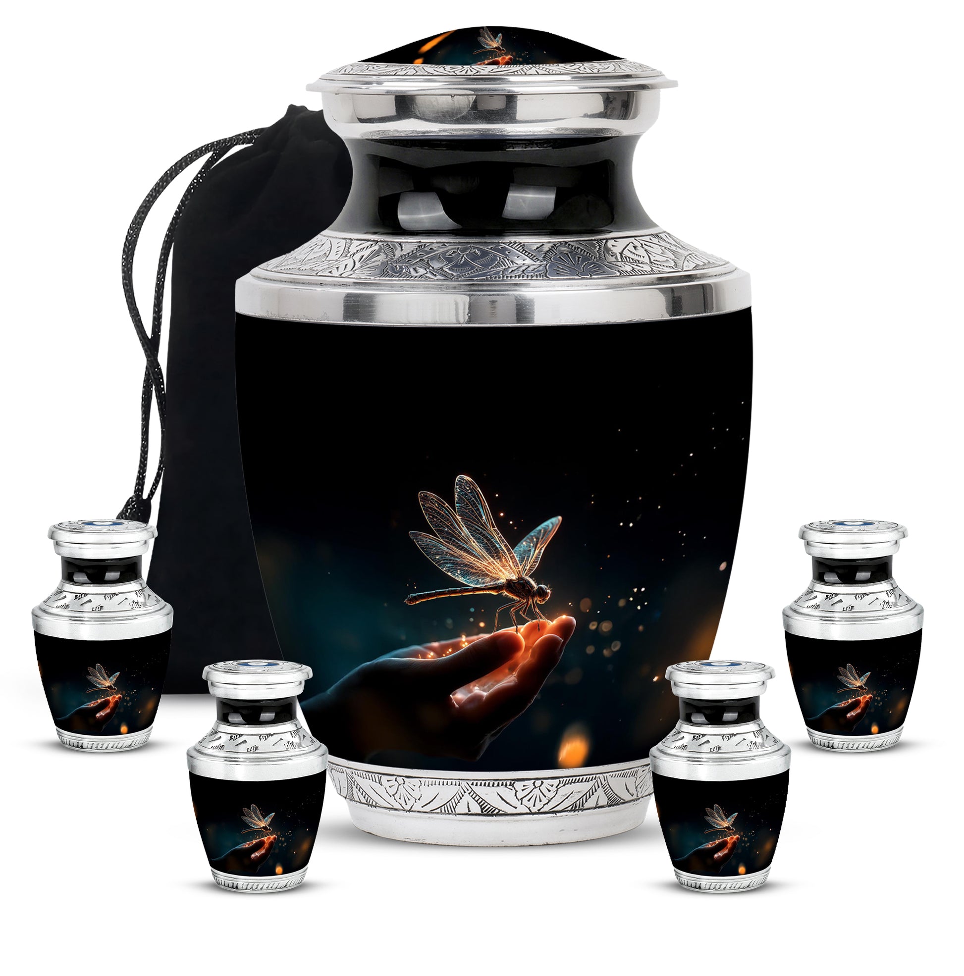 Midnight Black Dragonfly Cremation Urn lifestyle display on memorial shelf - stylized abstract dragonfly pattern with bold lines - memorial set with one large and four small urns