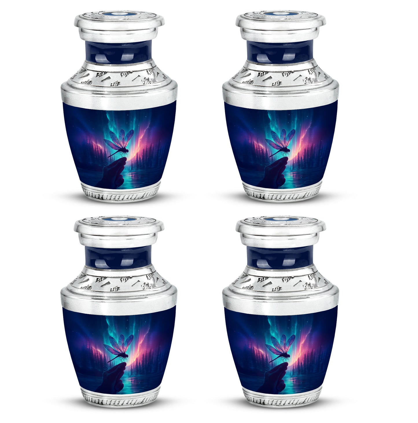 Celestial Blue Dragonfly Cremation Urn back view with polished surface - contemporary dragonfly design with modern artistic flair - 10 inch aluminum urn for cremated remains