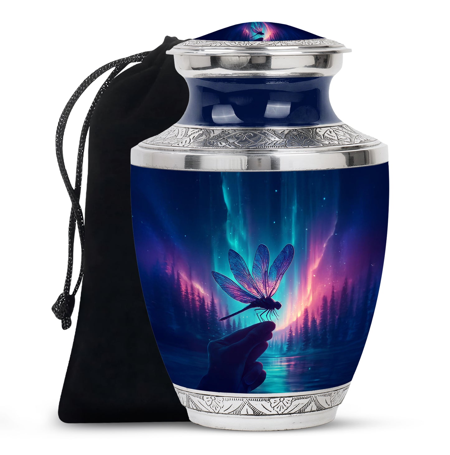 Bright Blue Dragonfly Cremation Urn side profile showing urn shape - artistic dragonfly interpretation with creative detail - full-size 10 inch 200 cubic inch adult cremation urn