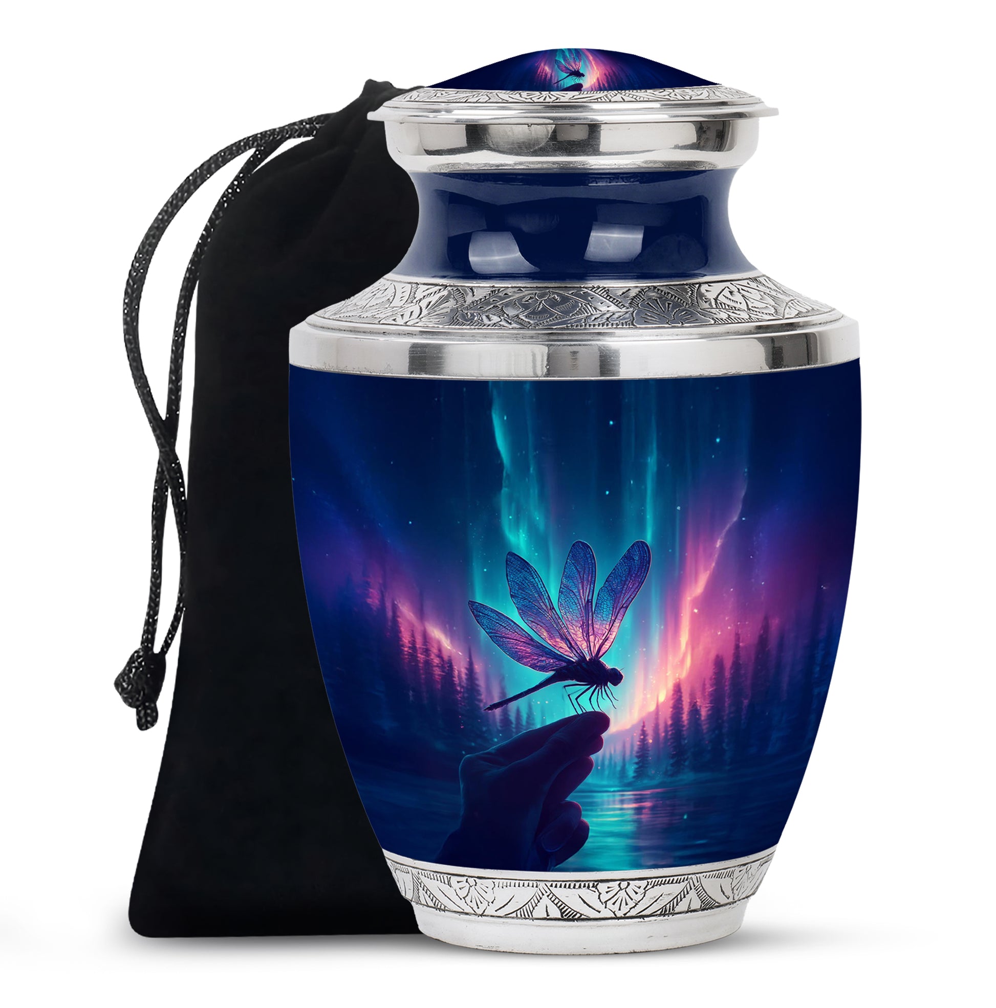 Bright Blue Dragonfly Cremation Urn side profile showing urn shape - artistic dragonfly interpretation with creative detail - full-size 10 inch 200 cubic inch adult cremation urn