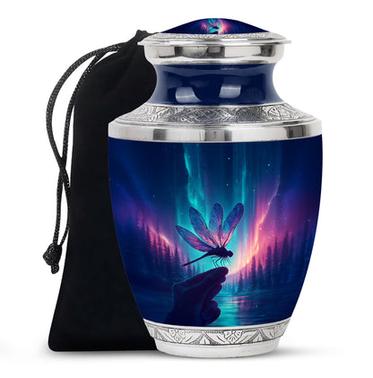Bright Blue Dragonfly Cremation Urn side profile showing urn shape - artistic dragonfly interpretation with creative detail - full-size 10 inch 200 cubic inch adult cremation urn