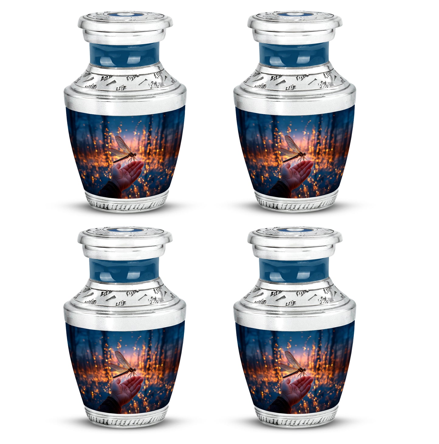 Steel Blue Dragonfly Cremation Urn back view with polished surface - artistic dragonfly interpretation with creative detail - 10 inch aluminum urn for cremated remains