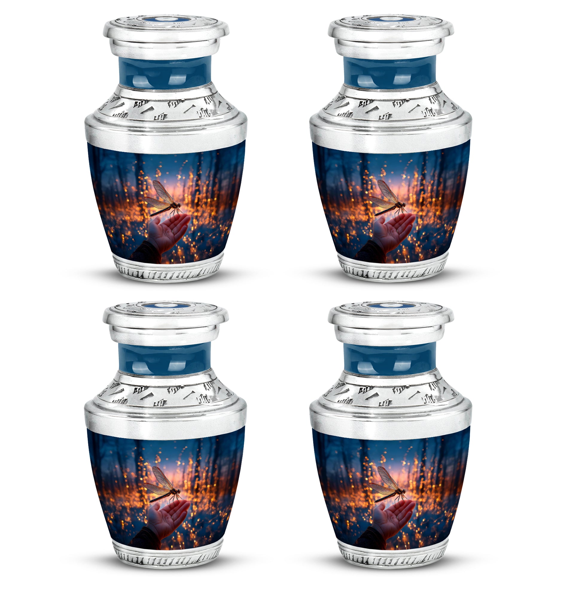 Steel Blue Dragonfly Cremation Urn back view with polished surface - artistic dragonfly interpretation with creative detail - 10 inch aluminum urn for cremated remains