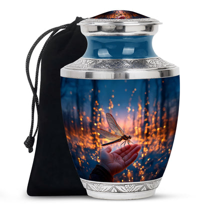 Azure Dragonfly Cremation Urn side profile showing urn shape - contemporary dragonfly design with modern artistic flair - full-size 10 inch 200 cubic inch adult cremation urn