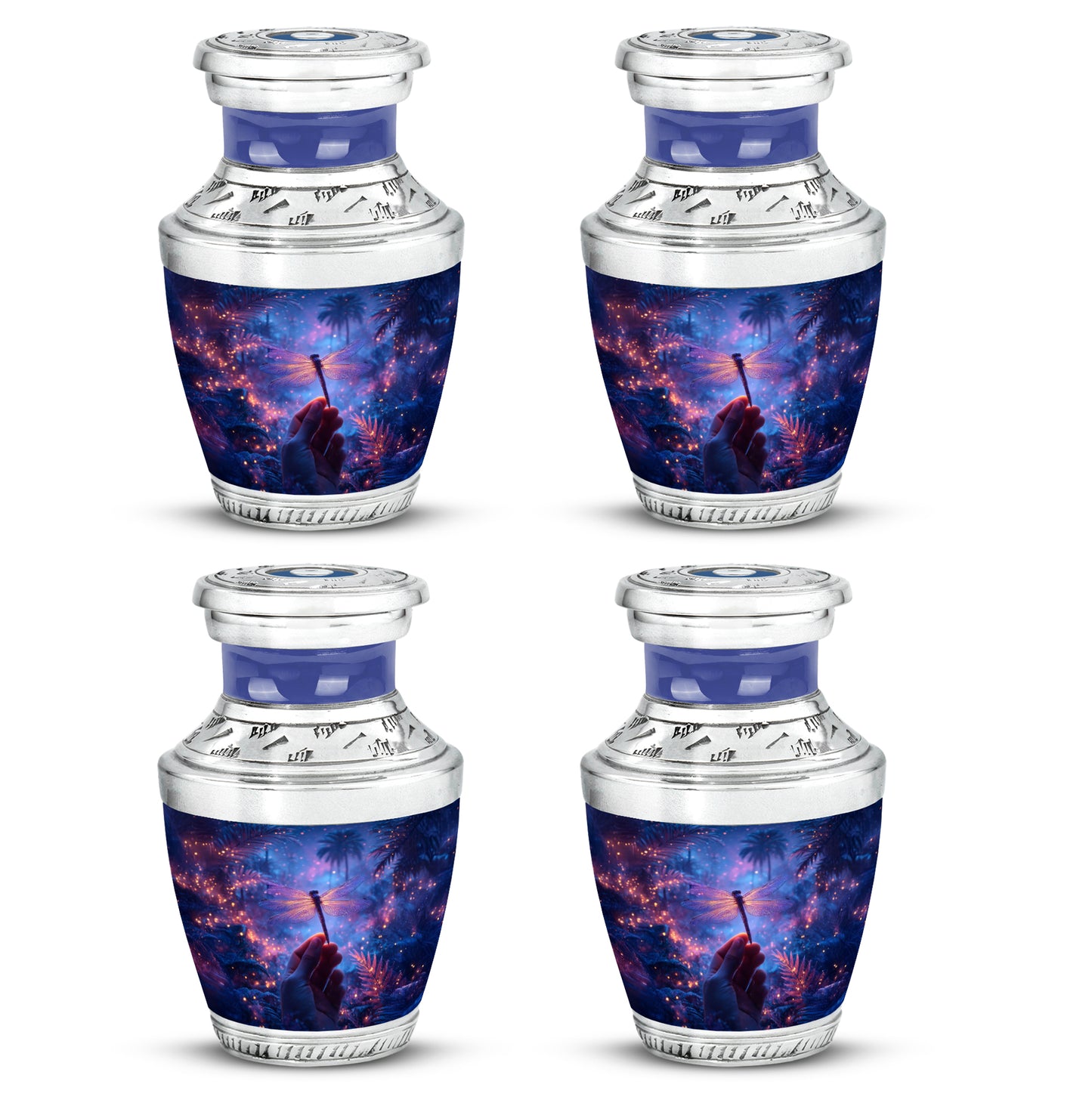 Royal Blue Dragonfly Cremation Urn back view with polished surface - stylized abstract dragonfly pattern with bold lines - 10 inch aluminum urn for cremated remains