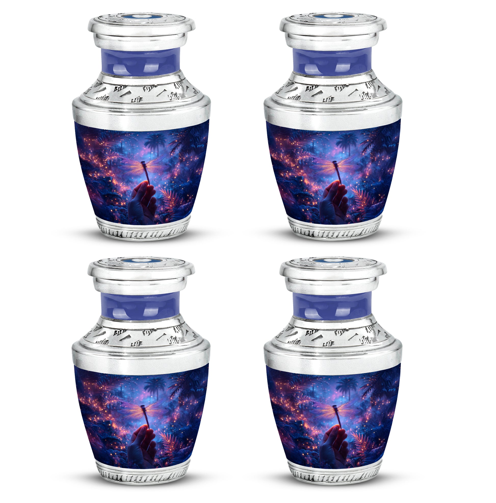Royal Blue Dragonfly Cremation Urn back view with polished surface - stylized abstract dragonfly pattern with bold lines - 10 inch aluminum urn for cremated remains