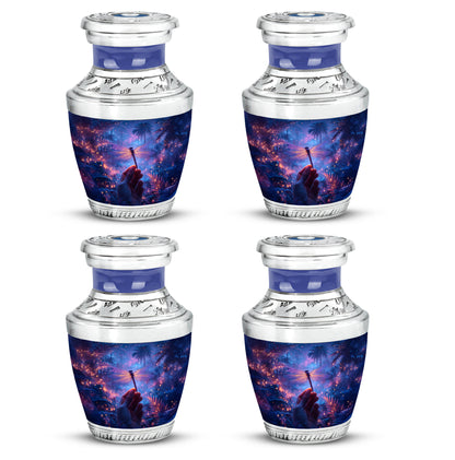 Royal Blue Dragonfly Cremation Urn back view with polished surface - stylized abstract dragonfly pattern with bold lines - 10 inch aluminum urn for cremated remains