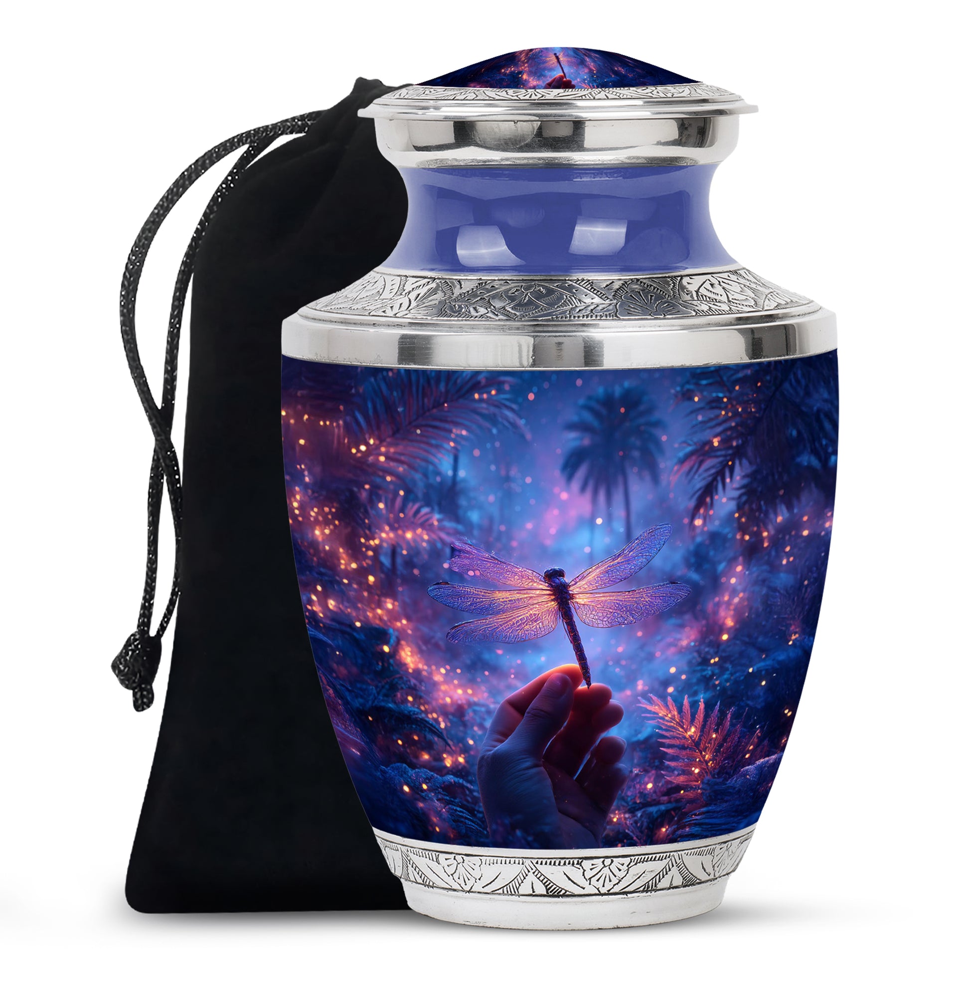 Misty Blue Dragonfly Cremation Urn side profile showing urn shape - contemporary dragonfly design with modern artistic flair - full-size 10 inch 200 cubic inch adult cremation urn