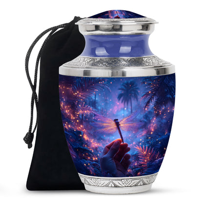 Misty Blue Dragonfly Cremation Urn side profile showing urn shape - contemporary dragonfly design with modern artistic flair - full-size 10 inch 200 cubic inch adult cremation urn