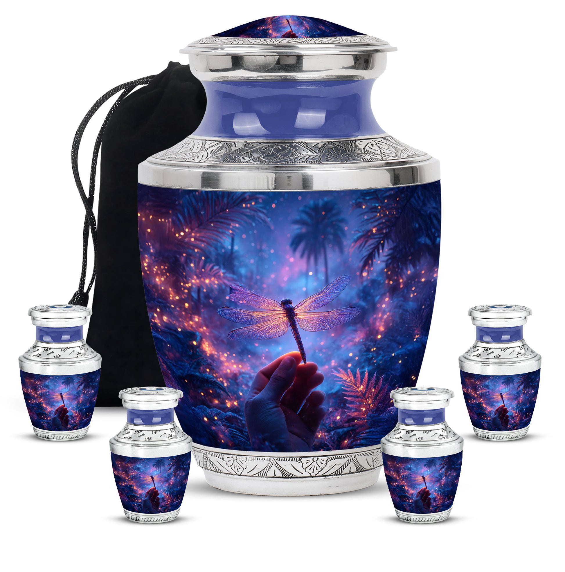 Sapphire Blue Dragonfly Cremation Urn lifestyle display on memorial shelf - artistic dragonfly interpretation with creative detail - memorial set with one large and four small urns