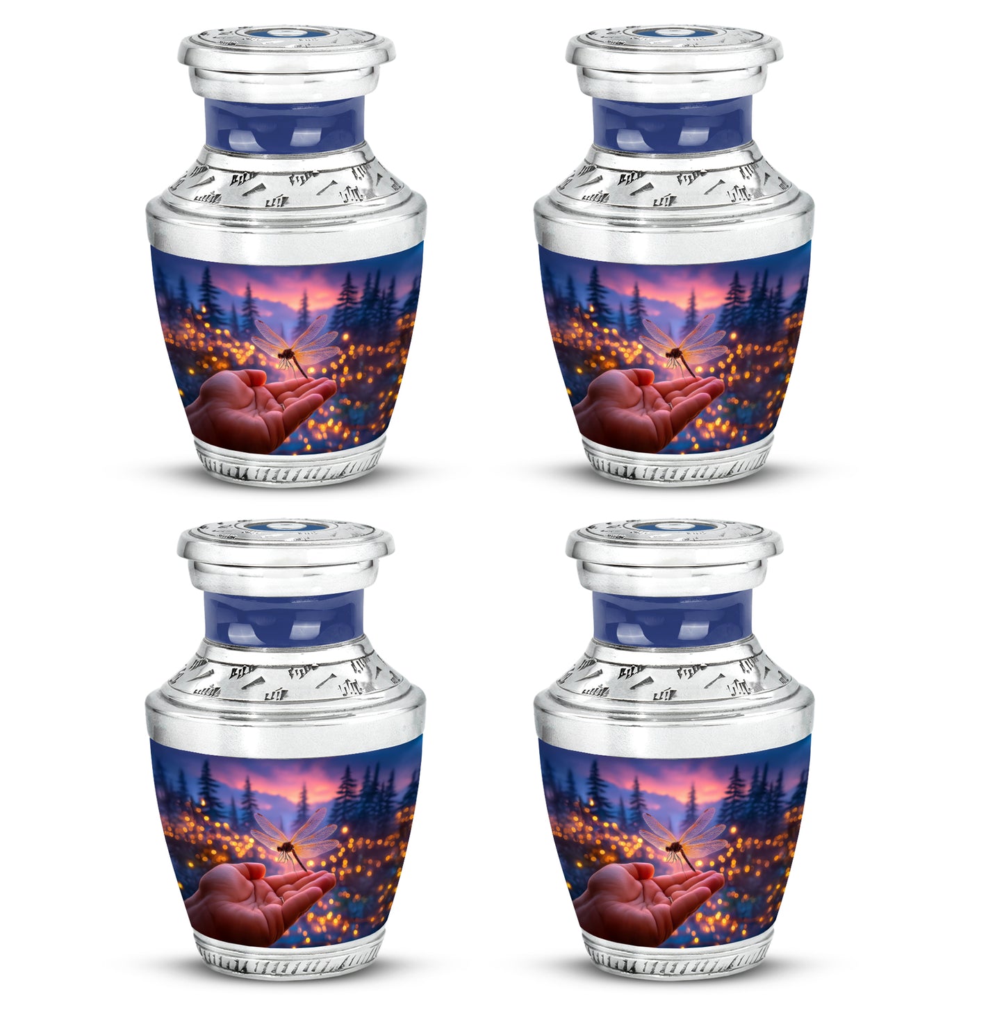 Sapphire Blue Dragonfly Cremation Urn back view with polished surface - stylized abstract dragonfly pattern with bold lines - 10 inch aluminum urn for cremated remains