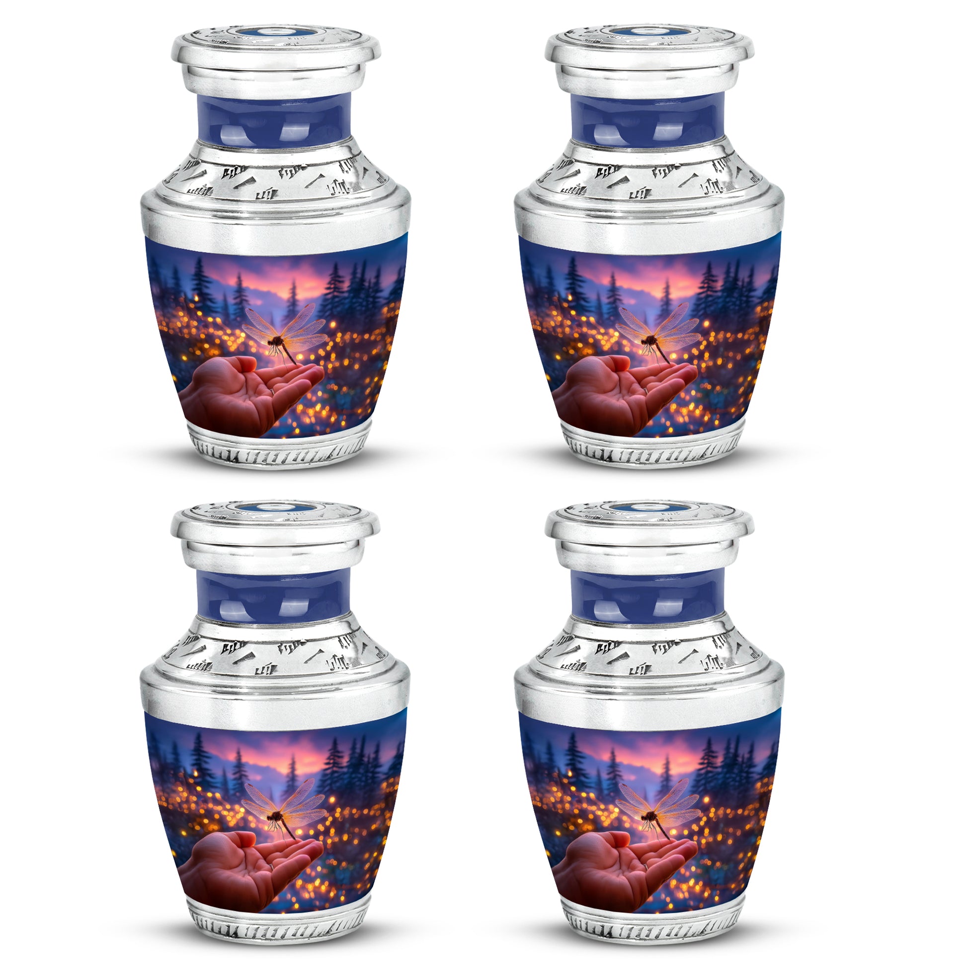 Sapphire Blue Dragonfly Cremation Urn back view with polished surface - stylized abstract dragonfly pattern with bold lines - 10 inch aluminum urn for cremated remains