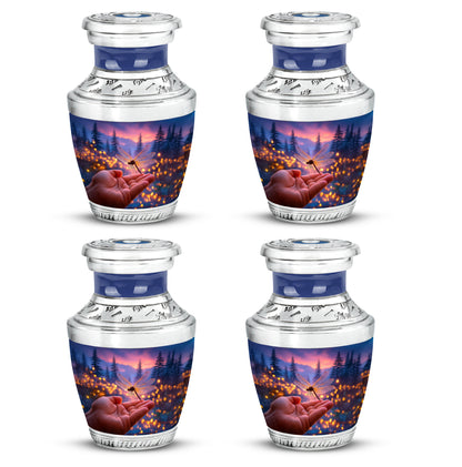Sapphire Blue Dragonfly Cremation Urn back view with polished surface - stylized abstract dragonfly pattern with bold lines - 10 inch aluminum urn for cremated remains