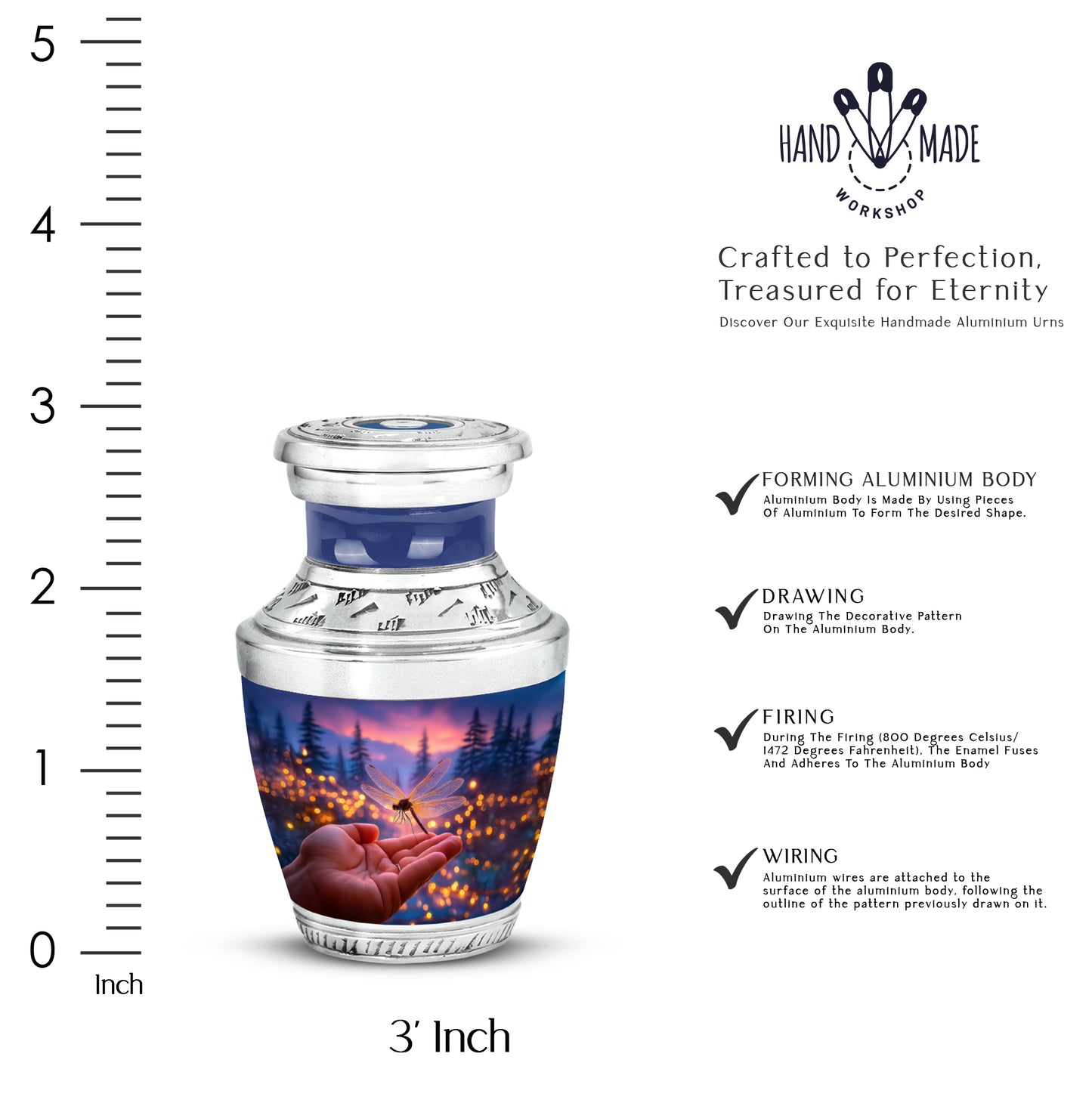 Powder Blue Dragonfly Cremation Urn top-down view of secure threaded lid - contemporary dragonfly design with modern artistic flair - mini keepsake memorial for portion of cremation ashes