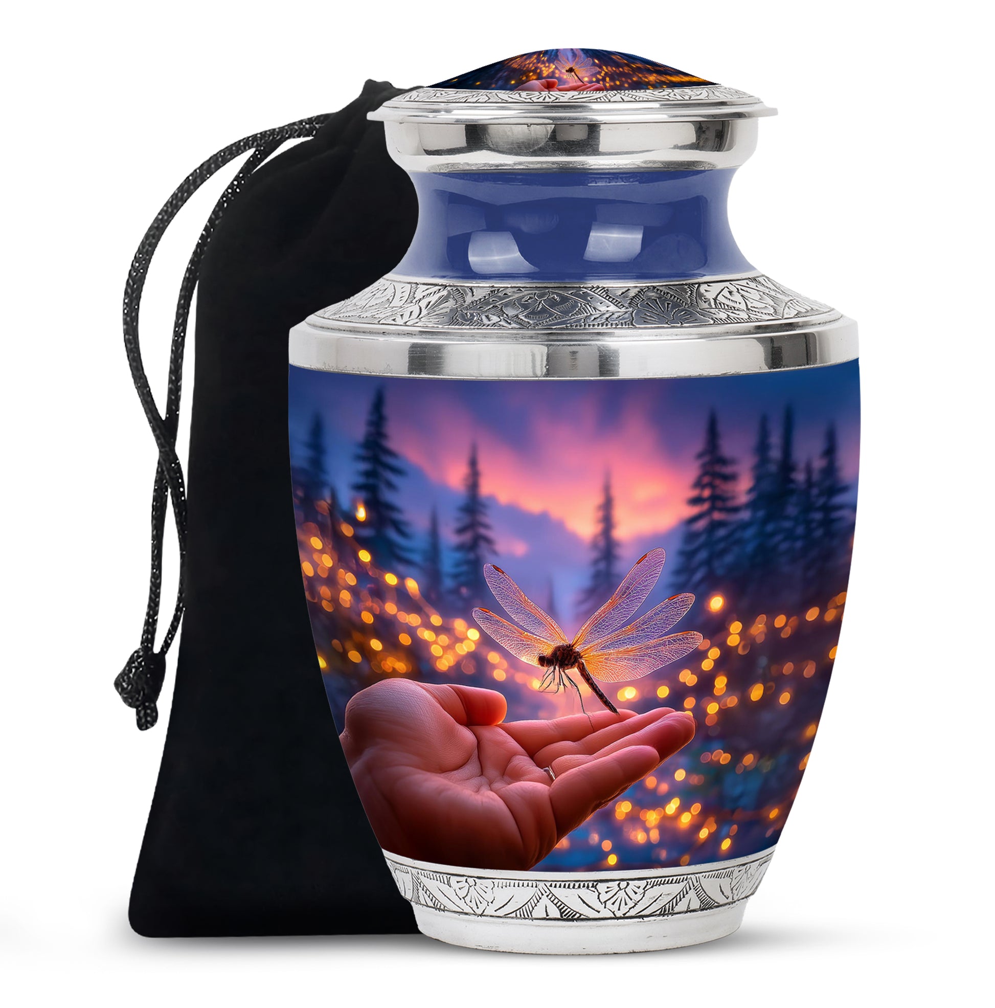 Royal Blue Dragonfly Cremation Urn side profile showing urn shape - stylized abstract dragonfly pattern with bold lines - full-size 10 inch 200 cubic inch adult cremation urn